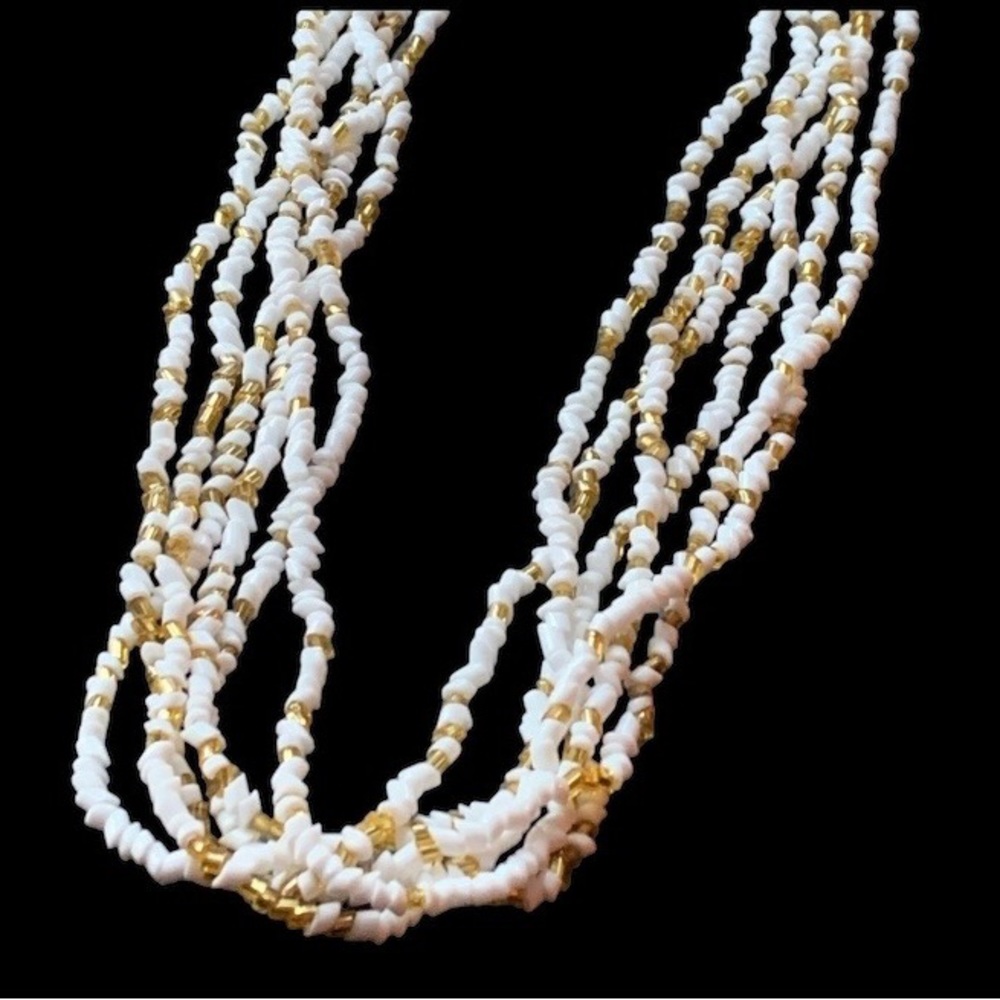 Vintage Six Strand White & Gold Glass Seed Bead Necklace Woman’s Jewelry - Picture 3 of 5